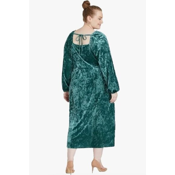 Green Crushed Velvet Square Neck Maxi Dress‎ Size 14W Plus Size X Balloon Sleeve - Picture 3 of 8